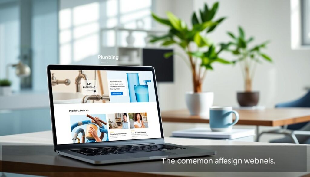 A modern and professional plumbing website design displayed on a computer screen, set in a sleek office environment. The foreground features a well-organized workspace with a laptop showcasing a clean, user-friendly plumbing website interface that includes vibrant images of plumbing services, contact information, and a clear navigation menu. In the middle ground, a potted plant and a coffee cup are placed on a stylish desk, adding to the professional atmosphere. The background reveals a bright, airy office with natural lighting streaming through a window, enhancing the inviting mood. The color palette consists of blues and greens to evoke a sense of trust and reliability. The image captures the importance of effective website layout and functionality while hinting at common design pitfalls in plumbing websites. A modern and professional plumbing website design displayed on a computer screen, set in a sleek office environment. The foreground features a well-organized workspace with a laptop showcasing a clean, user-friendly plumbing website interface that includes vibrant images of plumbing services, contact information, and a clear navigation menu. In the middle ground, a potted plant and a coffee cup are placed on a stylish desk, adding to the professional atmosphere. The background reveals a bright, airy office with natural lighting streaming through a window, enhancing the inviting mood. The color palette consists of blues and greens to evoke a sense of trust and reliability. The image captures the importance of effective website layout and functionality while hinting at common design pitfalls in plumbing websites.