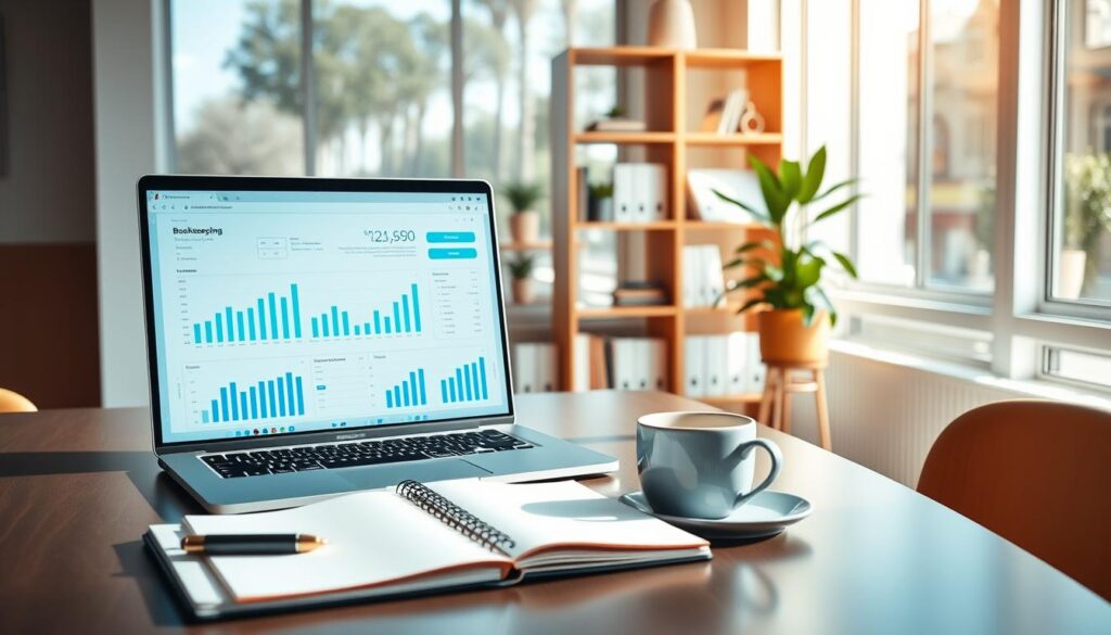 A modern and professional workspace designed for bookkeeping websites, featuring a sleek desktop with a laptop displaying financial graphs and charts. In the foreground, a stylish notebook and a cup of coffee enhance the professional vibe. The middle ground includes a minimalistic bookshelf filled with finance-related books and a potted plant for a touch of greenery. In the background, large windows allow natural light to brighten the scene, casting soft shadows and creating a warm atmosphere. The image should evoke a sense of clarity and organization, with a color palette of soft blues, whites, and earthy tones. Capture the essence of a serene yet productive environment, emphasizing smart and engaging visual design elements tailored for a bookkeeping audience.