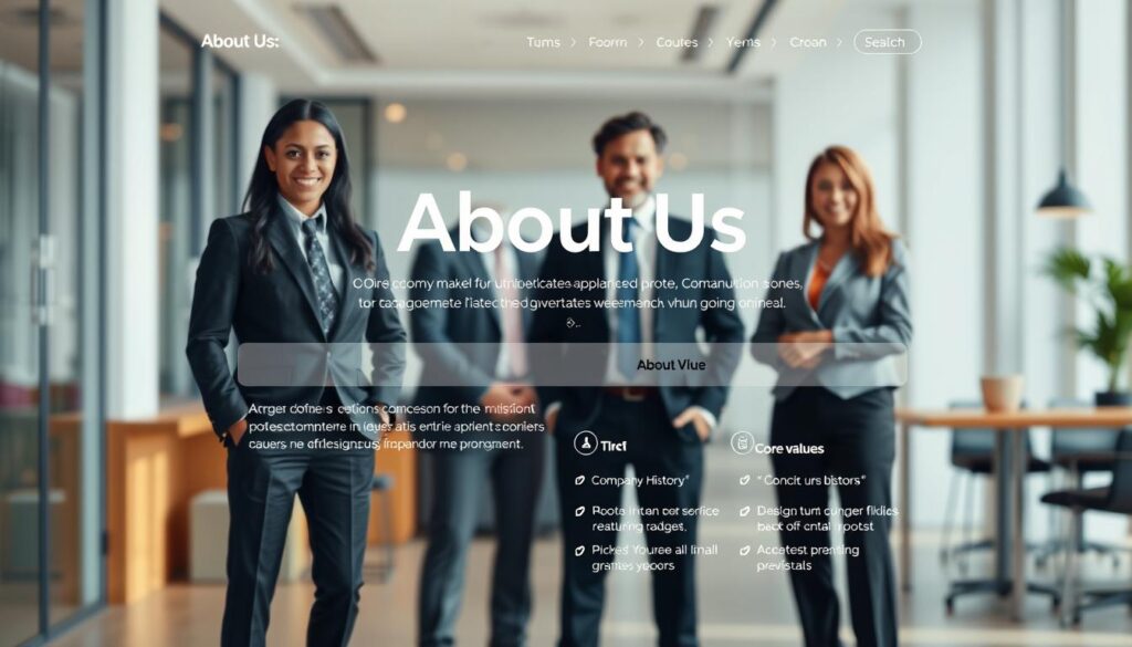 A modern and sleek "About Us" page design layout, showcasing a professional team of four diverse individuals in business attire, standing confidently in the foreground. In the middle, feature eye-catching sections like a large, elegant photo of the team, brief company history, and core values presented with icons and concise bullet points. Subtle background elements, like a stylish office space, softly blurred to maintain focus on the design, enhancing a sense of professionalism. Soft, natural lighting casts a warm glow over the scene, creating a welcoming atmosphere. The angle is slightly elevated, providing a clear view of the layout's structure and balance, evoking a sense of trust and credibility in the design. A modern and sleek "About Us" page design layout, showcasing a professional team of four diverse individuals in business attire, standing confidently in the foreground. In the middle, feature eye-catching sections like a large, elegant photo of the team, brief company history, and core values presented with icons and concise bullet points. Subtle background elements, like a stylish office space, softly blurred to maintain focus on the design, enhancing a sense of professionalism. Soft, natural lighting casts a warm glow over the scene, creating a welcoming atmosphere. The angle is slightly elevated, providing a clear view of the layout's structure and balance, evoking a sense of trust and credibility in the design.