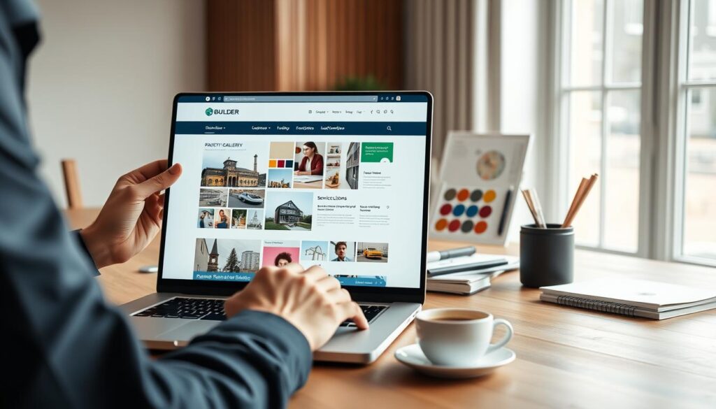 A modern and sleek builder website interface displayed on a high-resolution laptop screen, set on a minimalist wooden desk. In the foreground, a professional designer in smart casual attire adjusts the layout on the screen, showcasing various elements like project galleries, service listings, and a color palette. The middle section captures a workspace with design tools, sketches, and a cup of coffee, emphasizing creativity and trendiness in web design. In the background, soft natural light streams through a large window, illuminating the room and giving a warm, inviting atmosphere. The focus is on clarity and innovation, with a hint of sophistication in the overall ambiance, suggesting a balance of functionality and aesthetic appeal within contemporary web design trends for builders. A modern and sleek builder website interface displayed on a high-resolution laptop screen, set on a minimalist wooden desk. In the foreground, a professional designer in smart casual attire adjusts the layout on the screen, showcasing various elements like project galleries, service listings, and a color palette. The middle section captures a workspace with design tools, sketches, and a cup of coffee, emphasizing creativity and trendiness in web design. In the background, soft natural light streams through a large window, illuminating the room and giving a warm, inviting atmosphere. The focus is on clarity and innovation, with a hint of sophistication in the overall ambiance, suggesting a balance of functionality and aesthetic appeal within contemporary web design trends for builders.