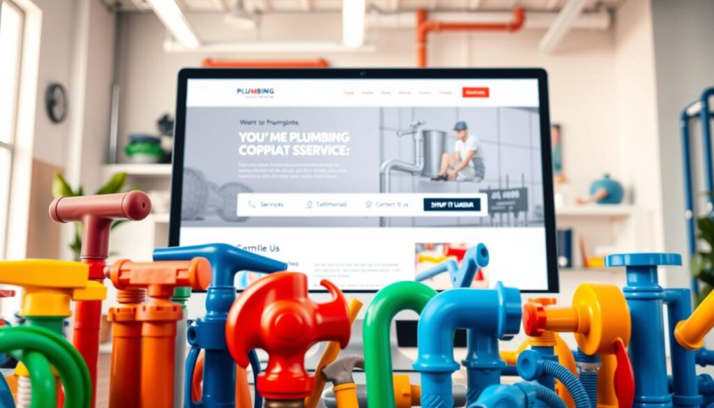 A modern and sleek plumber website homepage preview, displaying an array of colorful plumbing tools and fixtures in the foreground. In the middle, a computer screen showcases a well-designed plumbing service website, featuring sections like "Services," "Testimonials," and "Contact Us," all in a clean layout. The background shows a bright, welcoming office space with subtle plumbing-themed decorations, such as pipes and wrenches, adding a professional touch. The lighting is warm and inviting, highlighting the website’s vibrant colors, with a slight focus on the screen to create depth. The atmosphere conveys efficiency and professionalism, ideal for a plumbing business aiming to attract customers. No text, captions, or watermarks included. A modern and sleek plumber website homepage preview, displaying an array of colorful plumbing tools and fixtures in the foreground. In the middle, a computer screen showcases a well-designed plumbing service website, featuring sections like "Services," "Testimonials," and "Contact Us," all in a clean layout. The background shows a bright, welcoming office space with subtle plumbing-themed decorations, such as pipes and wrenches, adding a professional touch. The lighting is warm and inviting, highlighting the website’s vibrant colors, with a slight focus on the screen to create depth. The atmosphere conveys efficiency and professionalism, ideal for a plumbing business aiming to attract customers. No text, captions, or watermarks included.