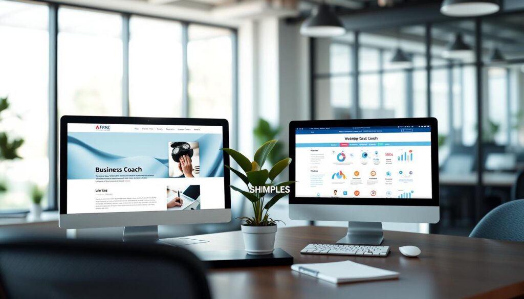 A modern and visually appealing layout comparing business coach website examples with a focus on professional aesthetics. In the foreground, two computer screens display contrasting website designs: one with a sleek, minimalist business coach theme featuring a calm blue color palette and motivational imagery, and another with a bright, organized bookkeeper site showcasing charts and financial icons. In the middle ground, a stylish desk workspace includes a notepad and a potted plant, adding a touch of creativity and warmth. The background features a softly blurred office space, lit with natural light filtering through large windows, enhancing the professional atmosphere. Capture this scene with a shallow depth of field, ensuring a clear focus on the screens while maintaining a welcoming and productive ambiance. A modern and visually appealing layout comparing business coach website examples with a focus on professional aesthetics. In the foreground, two computer screens display contrasting website designs: one with a sleek, minimalist business coach theme featuring a calm blue color palette and motivational imagery, and another with a bright, organized bookkeeper site showcasing charts and financial icons. In the middle ground, a stylish desk workspace includes a notepad and a potted plant, adding a touch of creativity and warmth. The background features a softly blurred office space, lit with natural light filtering through large windows, enhancing the professional atmosphere. Capture this scene with a shallow depth of field, ensuring a clear focus on the screens while maintaining a welcoming and productive ambiance.