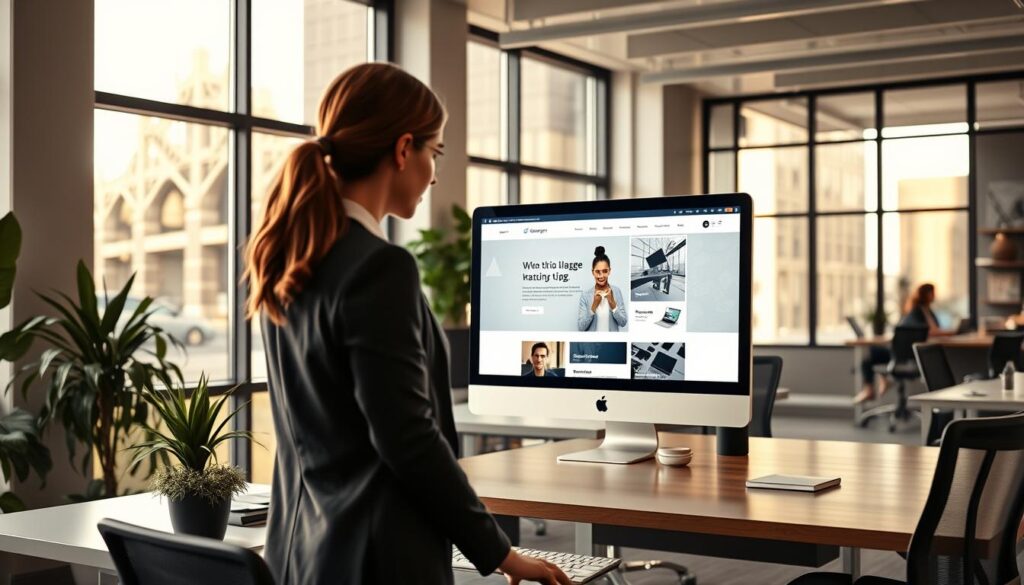 A modern business office environment in Point Cook, showcasing a sleek, user-friendly website on a large computer screen. In the foreground, a professional woman in business attire is reviewing the website, with a focus on clean design elements like a minimalist layout, engaging color palette, and interactive features. The middle ground includes office furniture like a stylish desk and ergonomic chair, complemented by potted plants for a fresh look. In the background, large windows allow natural sunlight to filter in, creating a bright and inviting atmosphere. The lighting is warm, enhancing the professional yet approachable mood. The angle captures the workspace with an emphasis on the screen, illustrating SEO best practices through thoughtful design and content organization. A modern business office environment in Point Cook, showcasing a sleek, user-friendly website on a large computer screen. In the foreground, a professional woman in business attire is reviewing the website, with a focus on clean design elements like a minimalist layout, engaging color palette, and interactive features. The middle ground includes office furniture like a stylish desk and ergonomic chair, complemented by potted plants for a fresh look. In the background, large windows allow natural sunlight to filter in, creating a bright and inviting atmosphere. The lighting is warm, enhancing the professional yet approachable mood. The angle captures the workspace with an emphasis on the screen, illustrating SEO best practices through thoughtful design and content organization.