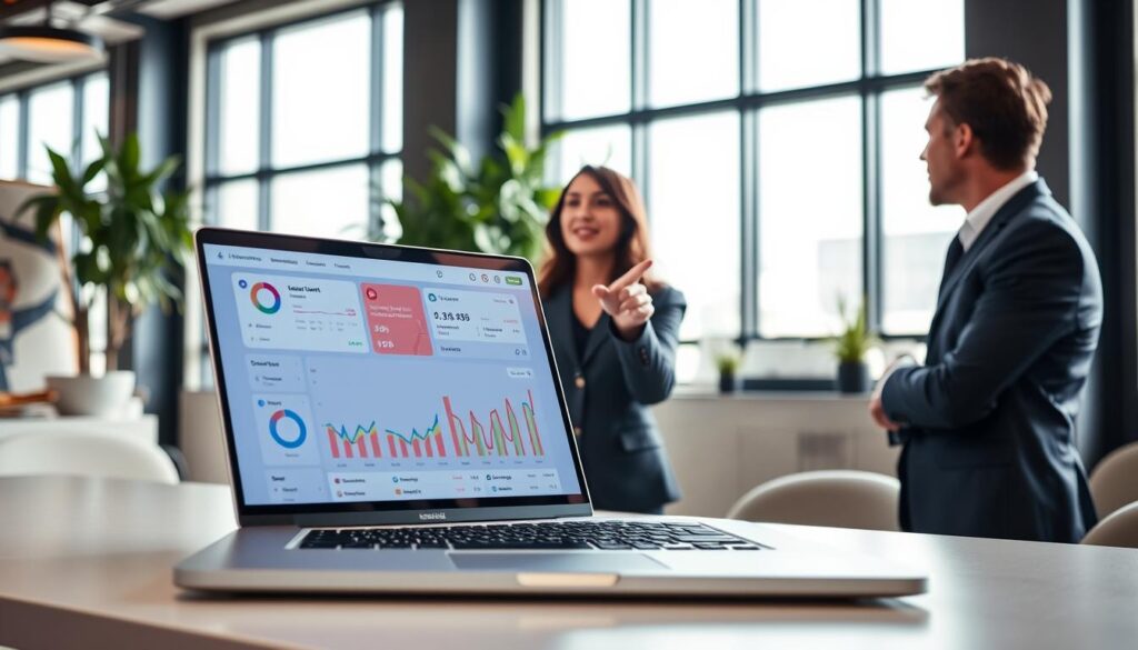 A modern business website interface design, focused on the theme of website maintenance and support. In the foreground, a professional-looking laptop sits on a sleek desk, displaying a vibrant, user-friendly dashboard filled with analytics graphs and support ticket notifications. In the middle, a well-dressed business professional, a woman in a tailored suit, is actively engaged in discussion with a colleague, pointing at the screen with a thoughtful expression. The background features a contemporary office setting with large windows allowing natural light to flood the space, plants adding a touch of vitality. The atmosphere is collaborative and industrious, conveying a sense of professionalism and innovation, captured with a warm color palette and a slight tilt angle to add dynamic energy. A modern business website interface design, focused on the theme of website maintenance and support. In the foreground, a professional-looking laptop sits on a sleek desk, displaying a vibrant, user-friendly dashboard filled with analytics graphs and support ticket notifications. In the middle, a well-dressed business professional, a woman in a tailored suit, is actively engaged in discussion with a colleague, pointing at the screen with a thoughtful expression. The background features a contemporary office setting with large windows allowing natural light to flood the space, plants adding a touch of vitality. The atmosphere is collaborative and industrious, conveying a sense of professionalism and innovation, captured with a warm color palette and a slight tilt angle to add dynamic energy.