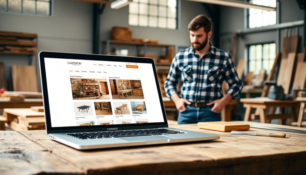 A modern carpentry website interface displayed on a sleek laptop resting on a rustic wooden table. In the foreground, focus on the laptop screen showcasing an elegant e-commerce platform featuring beautifully designed wooden furniture products, with high-quality images and intuitive navigation. In the middle, a professional carpenter in a plaid shirt and jeans, reviewing the website with a thoughtful expression, surrounded by tools like chisels and a saw, reflecting an engaging workspace. In the background, a bright workshop setting filled with finished wood projects, ambient natural light streaming through large windows, creating a warm and inviting atmosphere. The image should capture the essence of combining craftsmanship with digital commerce, emphasizing a seamless integration of traditional carpentry with modern e-commerce solutions. A modern carpentry website interface displayed on a sleek laptop resting on a rustic wooden table. In the foreground, focus on the laptop screen showcasing an elegant e-commerce platform featuring beautifully designed wooden furniture products, with high-quality images and intuitive navigation. In the middle, a professional carpenter in a plaid shirt and jeans, reviewing the website with a thoughtful expression, surrounded by tools like chisels and a saw, reflecting an engaging workspace. In the background, a bright workshop setting filled with finished wood projects, ambient natural light streaming through large windows, creating a warm and inviting atmosphere. The image should capture the essence of combining craftsmanship with digital commerce, emphasizing a seamless integration of traditional carpentry with modern e-commerce solutions.