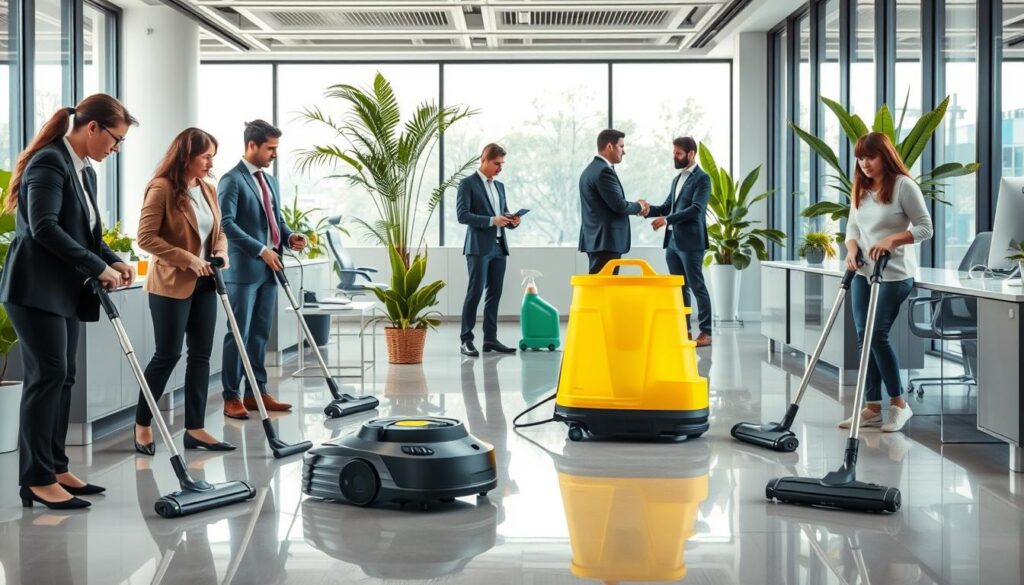 A modern commercial cleaning scene showcasing industry trends. In the foreground, a diverse team of professional cleaners in business attire is using advanced cleaning equipment like robotic vacuums and eco-friendly cleaning supplies. The middle area features a sleek office space with gleaming surfaces, plants for an eco-friendly vibe, and moments of interaction between team members discussing innovative cleaning practices. In the background, large windows allow natural light to illuminate the space, enhancing the clean, fresh atmosphere. The overall mood is vibrant and forward-looking, symbolizing growth and technological advancement in the cleaning industry. Capture this dynamic setting with a slightly elevated angle to emphasize the depth and activity within the space. A modern commercial cleaning scene showcasing industry trends. In the foreground, a diverse team of professional cleaners in business attire is using advanced cleaning equipment like robotic vacuums and eco-friendly cleaning supplies. The middle area features a sleek office space with gleaming surfaces, plants for an eco-friendly vibe, and moments of interaction between team members discussing innovative cleaning practices. In the background, large windows allow natural light to illuminate the space, enhancing the clean, fresh atmosphere. The overall mood is vibrant and forward-looking, symbolizing growth and technological advancement in the cleaning industry. Capture this dynamic setting with a slightly elevated angle to emphasize the depth and activity within the space.