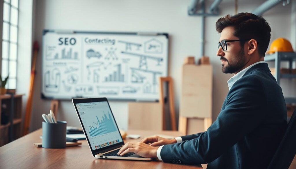 A modern construction office scene with a focus on digital marketing strategies for construction companies. In the foreground, a confident business professional, wearing smart casual attire, works on a laptop displaying analytics and SEO graphs. In the middle ground, a whiteboard filled with content marketing ideas and construction sketches highlights various tactics. The background showcases construction tools and projects, emphasizing the industry. Soft, professional lighting illuminates the room, creating an inviting atmosphere. Use a slight depth of field to enhance focus on the professional, suggesting innovation and expertise. Capture the essence of a collaborative workspace that bridges construction and digital marketing, evoking a sense of professionalism and creativity.