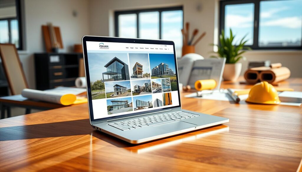A modern construction website design showcased on a sleek laptop screen, placed on a polished wooden desk. In the foreground, the laptop displays a visually striking portfolio page featuring high-quality images of impressive building projects, arranged in an engaging grid layout. The middle ground includes a well-organized workspace with architectural blueprints, tools, and a potted plant, hinting at a professional atmosphere. In the background, a window reveals a clear sky, bathing the scene in natural light, creating a warm and inviting mood. The angle captures both the laptop and workspace, emphasizing the blend of technology and construction. The image should have a professional, clean aesthetic, suitable for showcasing design excellence in the construction industry. A modern construction website design showcased on a sleek laptop screen, placed on a polished wooden desk. In the foreground, the laptop displays a visually striking portfolio page featuring high-quality images of impressive building projects, arranged in an engaging grid layout. The middle ground includes a well-organized workspace with architectural blueprints, tools, and a potted plant, hinting at a professional atmosphere. In the background, a window reveals a clear sky, bathing the scene in natural light, creating a warm and inviting mood. The angle captures both the laptop and workspace, emphasizing the blend of technology and construction. The image should have a professional, clean aesthetic, suitable for showcasing design excellence in the construction industry.