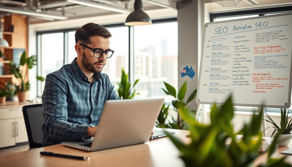 A modern consultant office scene in Australia showcasing a professional working on a laptop, surrounded by elements that represent local SEO optimization. In the foreground, a focused consultant in smart casual attire is engaged with a laptop displaying analytics and a map of Australia. The middle ground features a whiteboard filled with SEO strategies, keyword research notes, and local search engine results. The background reveals a bright office with Australian-themed decorations, a view of the Sydney skyline through large windows, and greenery from indoor plants. Soft natural lighting illuminates the scene, conveying a productive and aspirational atmosphere, shot from a slightly angled perspective to emphasize the workspace environment. A modern consultant office scene in Australia showcasing a professional working on a laptop, surrounded by elements that represent local SEO optimization. In the foreground, a focused consultant in smart casual attire is engaged with a laptop displaying analytics and a map of Australia. The middle ground features a whiteboard filled with SEO strategies, keyword research notes, and local search engine results. The background reveals a bright office with Australian-themed decorations, a view of the Sydney skyline through large windows, and greenery from indoor plants. Soft natural lighting illuminates the scene, conveying a productive and aspirational atmosphere, shot from a slightly angled perspective to emphasize the workspace environment.