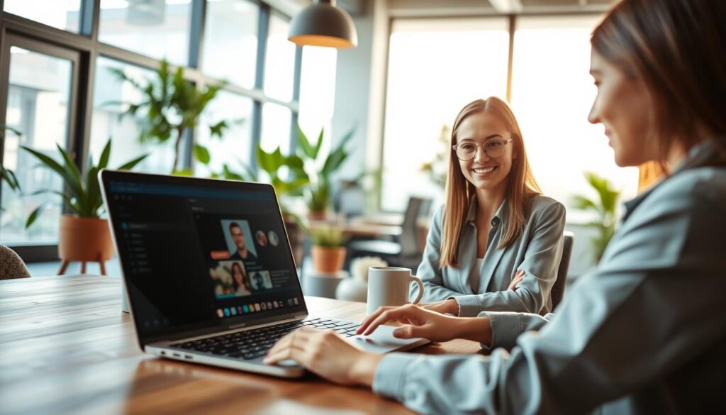A modern, cozy office environment where a professional customer service agent assists a client via live chat on a sleek laptop. In the foreground, the agent, a young woman with a friendly expression, is wearing smart casual attire, focused on her screen. In the middle ground, a vibrant workspace is showcased with plants and technology, emphasizing a friendly atmosphere. The background features large windows letting in natural light, illuminating the space and creating a warm, inviting glow. The overall mood conveys professionalism and approachability, reflecting the essence of enhancing user experience through effective live chat implementation. Use a shallow depth of field to create a pleasant blur in the background, focusing attention on the agent and her interaction.