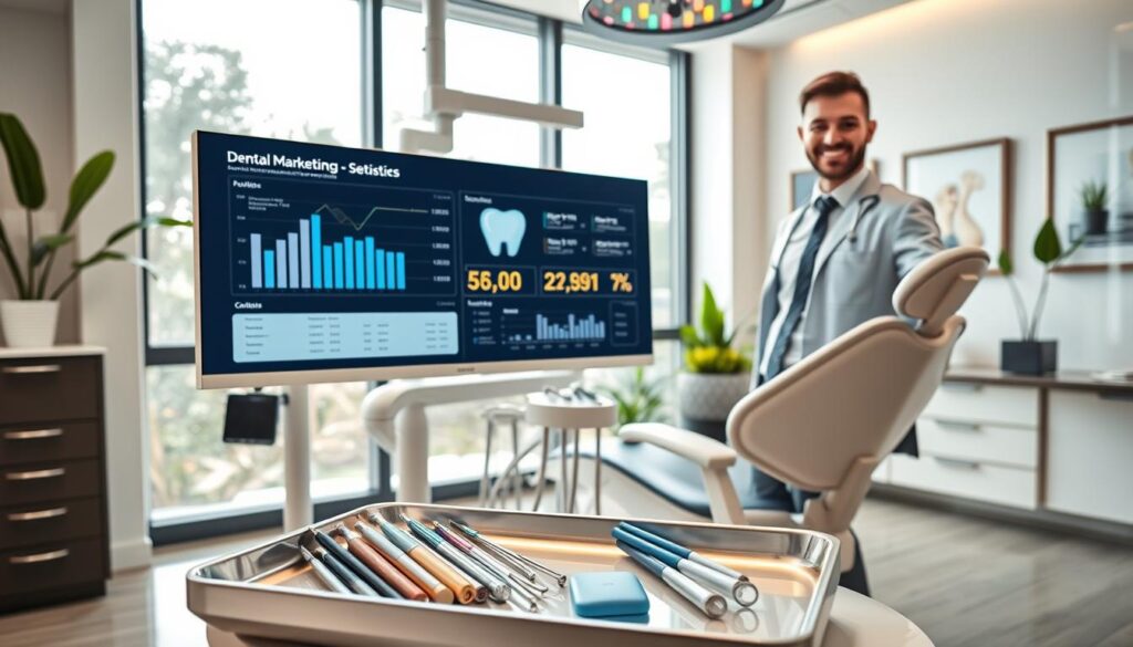 A modern dentist's office scene, featuring a professional dentist in business attire standing confidently beside a sleek dental chair. The dentist is interacting with a large, clear computer screen displaying dental marketing statistics and SEO analytics for their website. In the foreground, dental tools are neatly organized on a tray, reflecting a sense of cleanliness and professionalism. The middle ground showcases the bright, well-lit office with large windows letting in natural light, creating an inviting atmosphere. The background has tasteful dental-themed artwork and greenery, enhancing the vibrant ambiance. Soft, warm lighting complements the sleek design elements, while a wide-angle lens captures the entire scene in a dynamic view. The overall mood is optimistic and focused, illustrating the integration of dental practice with modern marketing strategies.