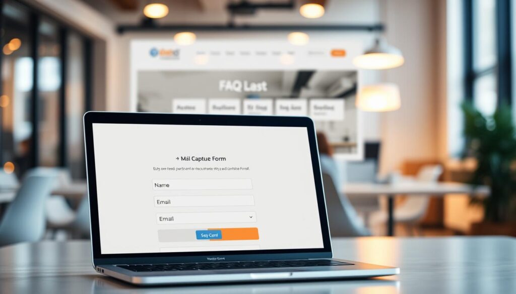 A modern digital workspace featuring an elegant lead capture form integrated within a website FAQ section. In the foreground, a sleek, user-friendly lead capture form on a laptop screen, showcasing fields for name, email, and a call-to-action button, all designed to be inviting and functional. The middle layer includes an abstract representation of a website interface with clear navigation, depicting FAQ content that flows seamlessly into the form. The background features a softly blurred office environment with warm, ambient lighting creating a professional yet inviting atmosphere. The image is captured from a slightly elevated angle, emphasizing the importance of the lead capture form while maintaining focus on the website layout. The overall mood is efficient and modern, suggesting an innovative approach to customer engagement. A modern digital workspace featuring an elegant lead capture form integrated within a website FAQ section. In the foreground, a sleek, user-friendly lead capture form on a laptop screen, showcasing fields for name, email, and a call-to-action button, all designed to be inviting and functional. The middle layer includes an abstract representation of a website interface with clear navigation, depicting FAQ content that flows seamlessly into the form. The background features a softly blurred office environment with warm, ambient lighting creating a professional yet inviting atmosphere. The image is captured from a slightly elevated angle, emphasizing the importance of the lead capture form while maintaining focus on the website layout. The overall mood is efficient and modern, suggesting an innovative approach to customer engagement.
