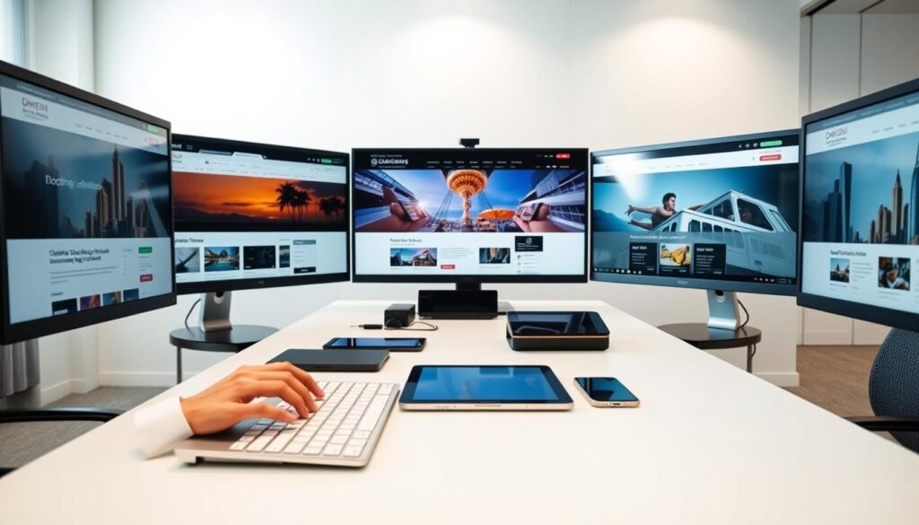 A modern digital workspace featuring multiple computer screens side by side, each displaying different online booking websites with distinct layouts and features, arranged in a clean and organized manner. In the foreground, a pair of hands typing on a sleek keyboard, suggesting active engagement in researching booking solutions. The middle ground contains a stylish conference table with various technical devices like tablets and smartphones, showcasing offline comparisons. The background consists of a minimalist office environment with soft, diffused lighting, highlighting the technology-focused theme. The atmosphere is professional and inspiring, evoking a sense of innovation and efficiency in creating custom booking solutions. Use a wide-angle lens to capture the entire scene, emphasizing details on the screens. A modern digital workspace featuring multiple computer screens side by side, each displaying different online booking websites with distinct layouts and features, arranged in a clean and organized manner. In the foreground, a pair of hands typing on a sleek keyboard, suggesting active engagement in researching booking solutions. The middle ground contains a stylish conference table with various technical devices like tablets and smartphones, showcasing offline comparisons. The background consists of a minimalist office environment with soft, diffused lighting, highlighting the technology-focused theme. The atmosphere is professional and inspiring, evoking a sense of innovation and efficiency in creating custom booking solutions. Use a wide-angle lens to capture the entire scene, emphasizing details on the screens.