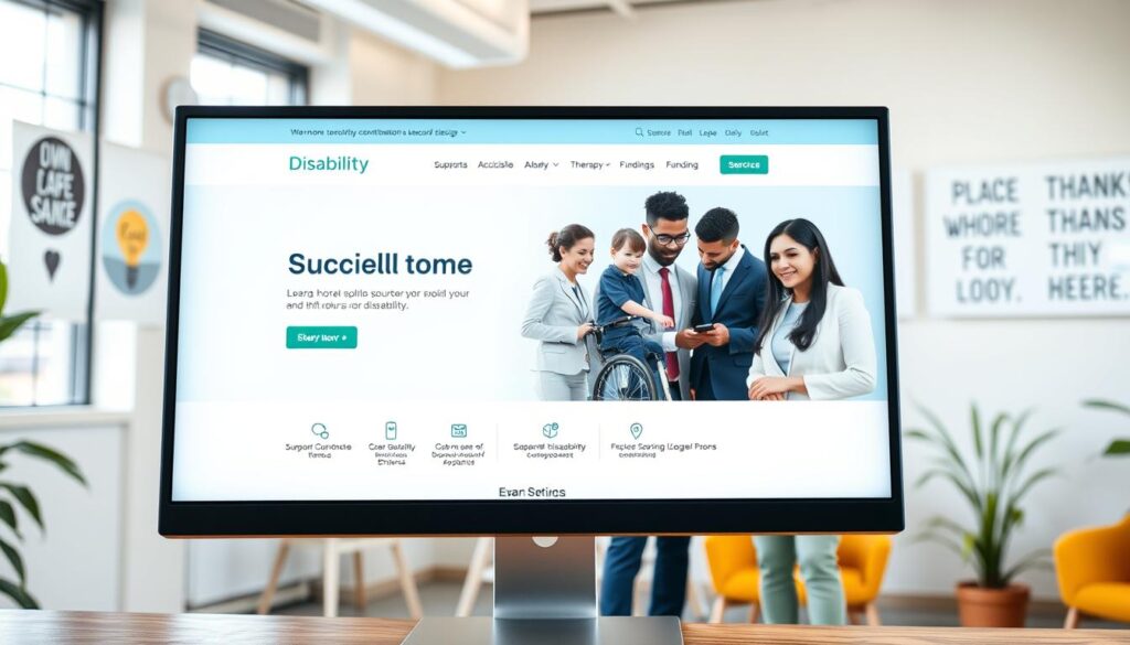 A modern disability service website interface, showcasing an accessible and user-friendly design. In the foreground, a computer screen displays a well-organized homepage with soft blues and greens, featuring icons for services like support coordination, therapy, and funding options. The middle layer includes a diverse group of professionals in business attire, collaborating around the screen, showcasing a sense of teamwork and inclusivity. The background features a bright and welcoming office environment with natural lighting, large windows, and motivational artwork on the walls. The atmosphere is warm and friendly, emphasizing a focus on community and support for individuals with disabilities. The composition is framed from a slightly elevated angle, highlighting the interaction between the team and the website design. A modern disability service website interface, showcasing an accessible and user-friendly design. In the foreground, a computer screen displays a well-organized homepage with soft blues and greens, featuring icons for services like support coordination, therapy, and funding options. The middle layer includes a diverse group of professionals in business attire, collaborating around the screen, showcasing a sense of teamwork and inclusivity. The background features a bright and welcoming office environment with natural lighting, large windows, and motivational artwork on the walls. The atmosphere is warm and friendly, emphasizing a focus on community and support for individuals with disabilities. The composition is framed from a slightly elevated angle, highlighting the interaction between the team and the website design.