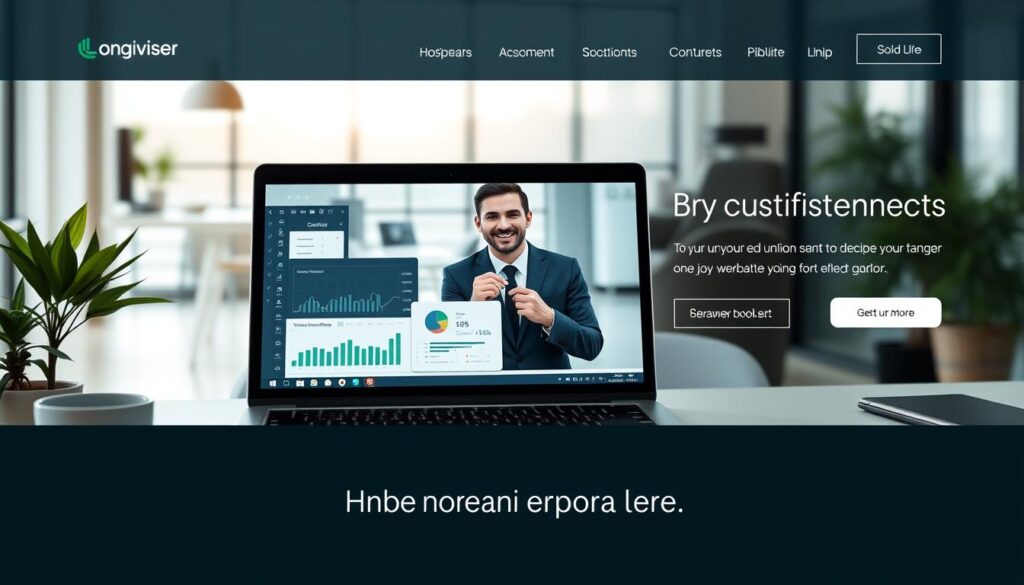 A modern financial advisor website layout featuring an elegant homepage design, showcasing a professional, minimalistic aesthetic. In the foreground, include a stylish laptop displaying graphs and financial charts, surrounded by a neatly organized desk with a potted plant and a coffee cup. The middle section should depict a business professional in a sharp suit, engaged in a video call on the laptop, exuding confidence and approachability. In the background, display a subtly blurred office environment with large windows letting in soft natural light, creating an inviting atmosphere. The overall mood conveys professionalism, trust, and expertise, with a clean and polished color palette emphasizing blues and greens to evoke financial stability. A modern financial advisor website layout featuring an elegant homepage design, showcasing a professional, minimalistic aesthetic. In the foreground, include a stylish laptop displaying graphs and financial charts, surrounded by a neatly organized desk with a potted plant and a coffee cup. The middle section should depict a business professional in a sharp suit, engaged in a video call on the laptop, exuding confidence and approachability. In the background, display a subtly blurred office environment with large windows letting in soft natural light, creating an inviting atmosphere. The overall mood conveys professionalism, trust, and expertise, with a clean and polished color palette emphasizing blues and greens to evoke financial stability.