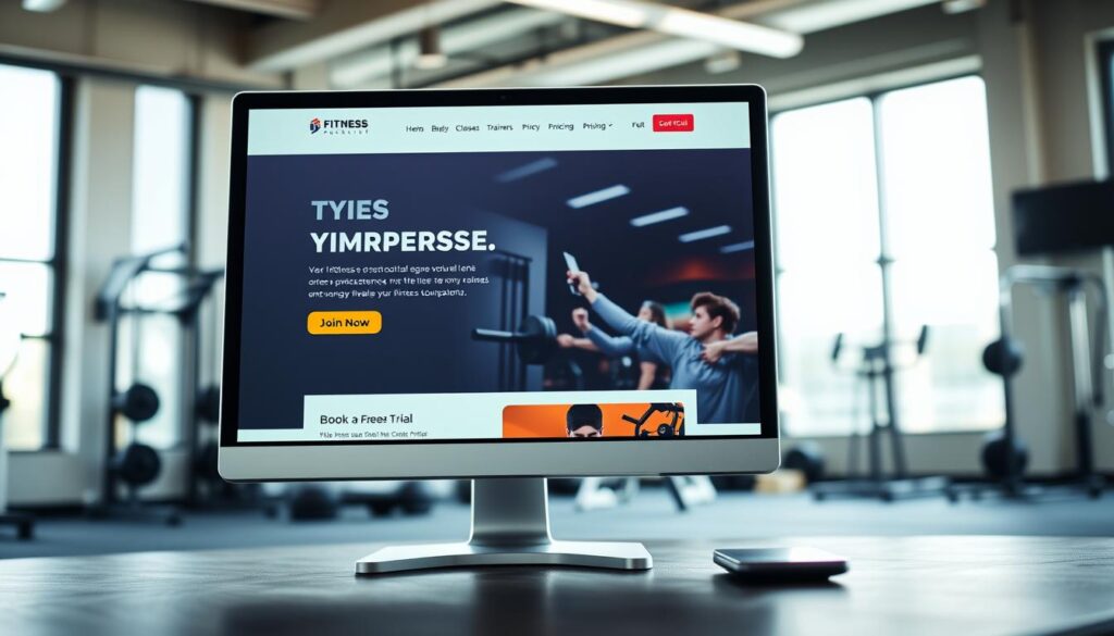 A modern fitness business website layout on a sleek computer screen, prominently displaying a vibrant homepage design. In the foreground, the screen shows engaging calls to action (CTAs) like "Join Now" and "Book a Free Trial," highlighted in contrasting colors. The middle section includes user-friendly navigation with categories such as classes, trainers, and pricing. The background is a soft-focus gym environment, featuring fitness equipment and a bright atmosphere, illuminated by natural light streaming through large windows. The camera angle is slightly tilted downward onto the screen, conveying a sense of engagement and excitement. The overall mood is energetic, inspiring, and inviting, capturing the essence of a dynamic gym that motivates visitors to take action. A modern fitness business website layout on a sleek computer screen, prominently displaying a vibrant homepage design. In the foreground, the screen shows engaging calls to action (CTAs) like "Join Now" and "Book a Free Trial," highlighted in contrasting colors. The middle section includes user-friendly navigation with categories such as classes, trainers, and pricing. The background is a soft-focus gym environment, featuring fitness equipment and a bright atmosphere, illuminated by natural light streaming through large windows. The camera angle is slightly tilted downward onto the screen, conveying a sense of engagement and excitement. The overall mood is energetic, inspiring, and inviting, capturing the essence of a dynamic gym that motivates visitors to take action.