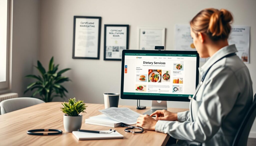 A modern healthcare marketing scene depicting a professional dietitian's workspace, showcasing a computer screen displaying a website design for dietary services. In the foreground, a focused dietitian in smart casual clothing is reviewing compliance documents and colorful food charts. The middle layer includes a neatly organized desktop with a plant, a notepad, and a stethoscope, symbolizing the integration of health and marketing. In the background, a wall adorned with framed certifications and a poster about health regulations adds authority and professionalism. Soft, warm lighting creates an inviting atmosphere, while a slight depth of field emphasizes the dietitian’s concentration and the importance of compliance with health regulations, making it ideal for a design guide. A modern healthcare marketing scene depicting a professional dietitian's workspace, showcasing a computer screen displaying a website design for dietary services. In the foreground, a focused dietitian in smart casual clothing is reviewing compliance documents and colorful food charts. The middle layer includes a neatly organized desktop with a plant, a notepad, and a stethoscope, symbolizing the integration of health and marketing. In the background, a wall adorned with framed certifications and a poster about health regulations adds authority and professionalism. Soft, warm lighting creates an inviting atmosphere, while a slight depth of field emphasizes the dietitian’s concentration and the importance of compliance with health regulations, making it ideal for a design guide.