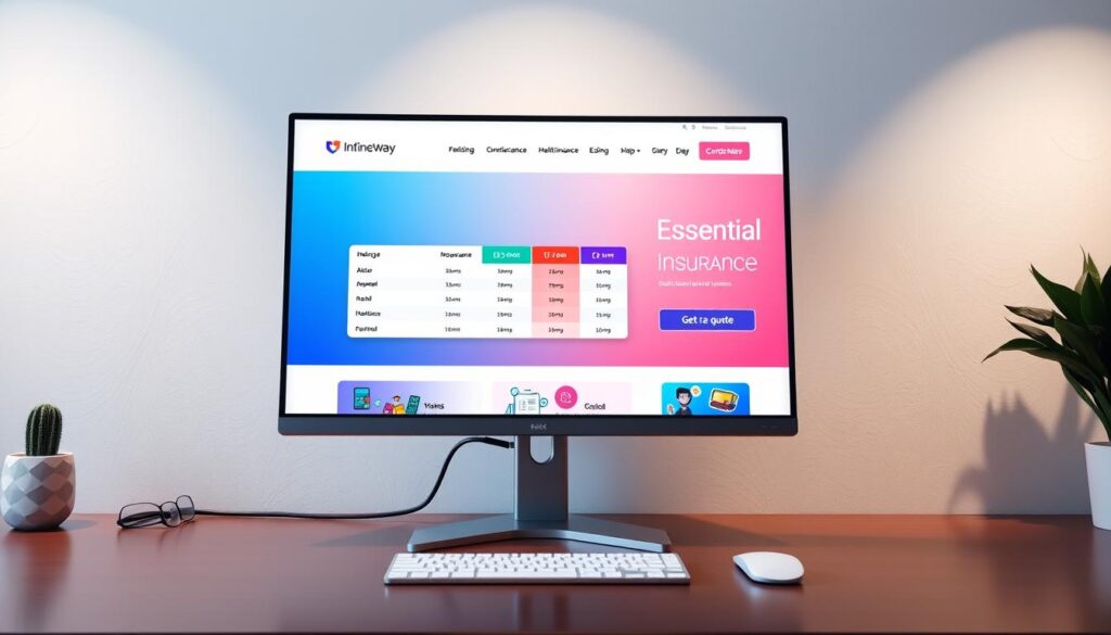 A modern insurance broker website interface displayed on a sleek computer monitor, showcasing essential features. In the foreground, a user-friendly navigation bar with icons for different insurance services like auto, home, and health insurance. In the middle, a clean layout displaying a comparison chart of insurance plans with vivid colors and clear visuals. To the side, a prominent call-to-action button inviting users to get a quote. The background features a subtle gradient to create depth, with soft lighting emanating from the top, giving a professional and approachable atmosphere. The workspace is tidy and minimalist, enhancing the focus on the website design elements. A subtle reflection on the monitor screen adds to the realism.