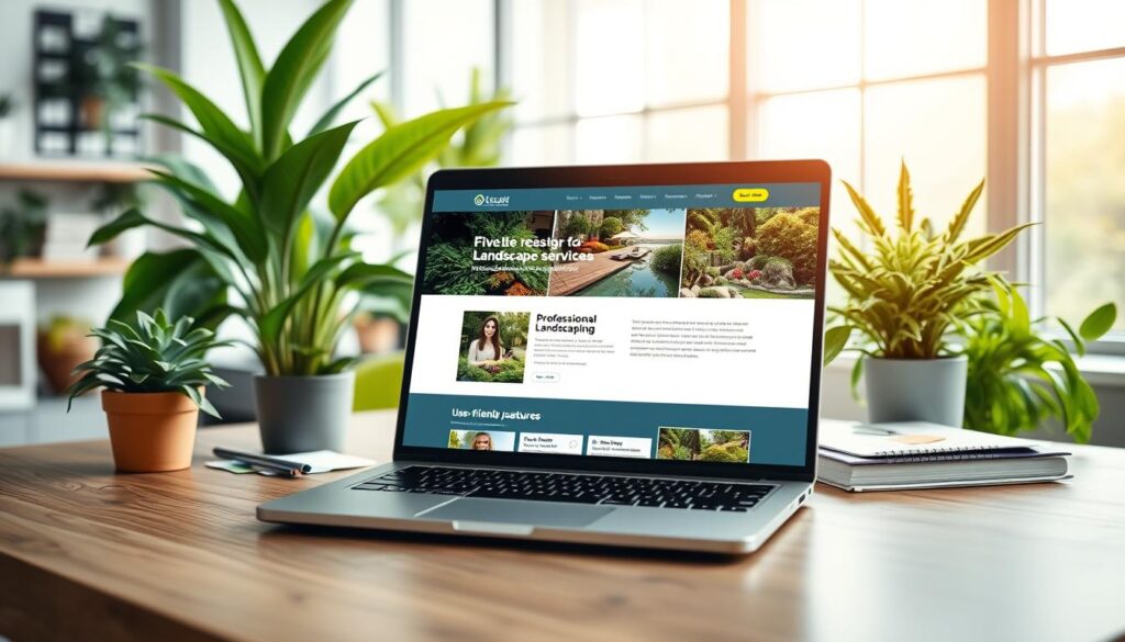 A modern, inviting landscape design website interface displayed on a sleek laptop, situated on a wooden desk surrounded by vibrant, indoor plants. In the foreground, the laptop screen showcases a beautifully designed homepage featuring striking images of lush gardens, professional landscaping services, and user-friendly navigation. The middle layer reveals a stylish workspace with designer tools like sketchbooks and color samples, emphasizing creativity and professionalism. The background is softly blurred, hinting at a bright, airy office environment with large windows letting in warm natural light, creating an atmosphere of inspiration and innovation. The overall mood is modern, professional, and engaging, perfect for showcasing essential features of a landscaping company website in Australia. A modern, inviting landscape design website interface displayed on a sleek laptop, situated on a wooden desk surrounded by vibrant, indoor plants. In the foreground, the laptop screen showcases a beautifully designed homepage featuring striking images of lush gardens, professional landscaping services, and user-friendly navigation. The middle layer reveals a stylish workspace with designer tools like sketchbooks and color samples, emphasizing creativity and professionalism. The background is softly blurred, hinting at a bright, airy office environment with large windows letting in warm natural light, creating an atmosphere of inspiration and innovation. The overall mood is modern, professional, and engaging, perfect for showcasing essential features of a landscaping company website in Australia.