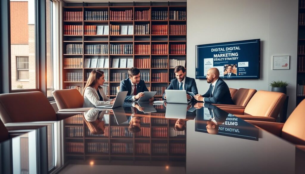 A modern law firm office setting, focusing on a stylish conference room filled with sleek furniture. In the foreground, a diverse group of professionally dressed lawyers sits around a polished table, examining a digital marketing strategy on a laptop and tablets. The middle ground features a large window with natural light streaming in, casting warm reflections on the glass, while a wall-mounted screen displays engaging legal content. In the background, floor-to-ceiling bookshelves filled with law books and certificates provide a backdrop that conveys expertise and trust. The atmosphere is collaborative and dynamic, with a sense of professionalism and innovation. The lighting is bright and inviting, enhancing the mood of engagement and creativity. A modern law firm office setting, focusing on a stylish conference room filled with sleek furniture. In the foreground, a diverse group of professionally dressed lawyers sits around a polished table, examining a digital marketing strategy on a laptop and tablets. The middle ground features a large window with natural light streaming in, casting warm reflections on the glass, while a wall-mounted screen displays engaging legal content. In the background, floor-to-ceiling bookshelves filled with law books and certificates provide a backdrop that conveys expertise and trust. The atmosphere is collaborative and dynamic, with a sense of professionalism and innovation. The lighting is bright and inviting, enhancing the mood of engagement and creativity.