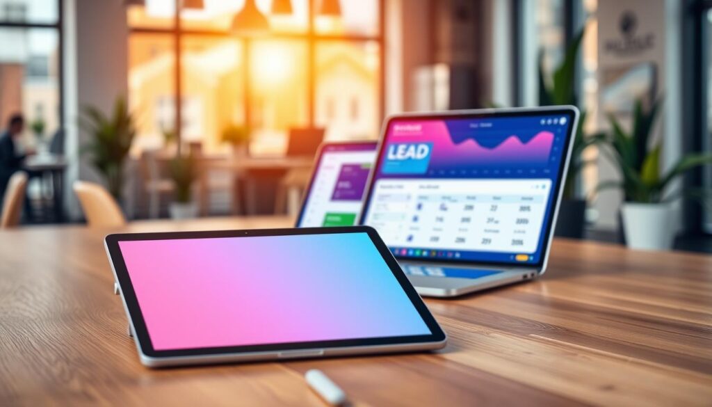 A modern lead form design showcased on a sleek, wooden desk in a well-lit office environment. In the foreground, a digital tablet displays a vibrant, user-friendly lead form with input fields for name, email, and phone number, all highlighted cleanly. The middle layer features a stylish laptop open, revealing a colorful dashboard analytics screen related to lead generation. The background includes a blurred view of a bright, airy office with plants and contemporary decor to convey a productive atmosphere. Warm, natural lighting filters through large windows, creating a focused yet inviting mood. The overall composition emphasizes professionalism and innovation in lead generation. A modern lead form design showcased on a sleek, wooden desk in a well-lit office environment. In the foreground, a digital tablet displays a vibrant, user-friendly lead form with input fields for name, email, and phone number, all highlighted cleanly. The middle layer features a stylish laptop open, revealing a colorful dashboard analytics screen related to lead generation. The background includes a blurred view of a bright, airy office with plants and contemporary decor to convey a productive atmosphere. Warm, natural lighting filters through large windows, creating a focused yet inviting mood. The overall composition emphasizes professionalism and innovation in lead generation.