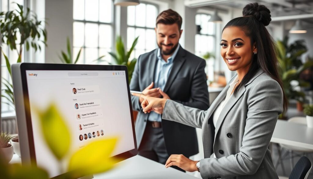 A modern, lively office environment with a diverse group of professionals engaged in a discussion, focusing on a sleek computer displaying a live chat interface. In the foreground, a confident businesswoman in a smart blazer points at the screen, her expression conveying enthusiasm and determination. In the middle, a man in a tailored suit stands beside her, taking notes while nodding in agreement, symbolizing teamwork and collaboration. The background features a bright, open workspace filled with plants and large windows letting in natural light, creating an inviting atmosphere. The overall mood is energetic and innovative, suggesting growth and success, with emphasis on driving sales and boosting conversions through effective communication.