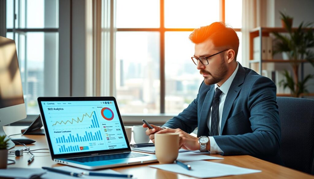 A modern office desk setting filled with a laptop displaying vibrant graphs and SEO analytics. In the foreground, a focused professional—dressed in smart business attire—analyzing data with a thoughtful expression, surrounded by scattered notes and a coffee mug. The middle layer features a digital tablet showcasing AI-generated copywriting snippets, symbolizing the intersection of technology and creativity. In the background, a large window reveals a bright cityscape, casting soft natural light across the workspace. The atmosphere is one of productivity and innovation, emphasizing the analytical focus required for effective AI copywriting in SEO. The color palette is warm and inviting, with hints of blue and green to reflect a tech-savvy environment. A modern office desk setting filled with a laptop displaying vibrant graphs and SEO analytics. In the foreground, a focused professional—dressed in smart business attire—analyzing data with a thoughtful expression, surrounded by scattered notes and a coffee mug. The middle layer features a digital tablet showcasing AI-generated copywriting snippets, symbolizing the intersection of technology and creativity. In the background, a large window reveals a bright cityscape, casting soft natural light across the workspace. The atmosphere is one of productivity and innovation, emphasizing the analytical focus required for effective AI copywriting in SEO. The color palette is warm and inviting, with hints of blue and green to reflect a tech-savvy environment.