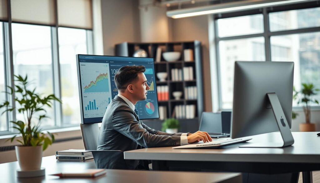 A modern office environment focused on an accountant’s workspace. In the foreground, a well-dressed accountant, in professional attire, is seated at a sleek desk, intensely analyzing data on a large computer screen displaying graphs and performance metrics. The middle ground features a bookshelf lined with financial reference materials and a potted plant, adding a touch of greenery. The background showcases a bright office with large windows, allowing natural light to fill the room, creating a warm and inviting atmosphere. The lens is positioned slightly above eye level to emphasize the accountant's concentration. The overall mood is one of productivity and professionalism, highlighting the importance of optimizing website performance for accountants. A modern office environment focused on an accountant’s workspace. In the foreground, a well-dressed accountant, in professional attire, is seated at a sleek desk, intensely analyzing data on a large computer screen displaying graphs and performance metrics. The middle ground features a bookshelf lined with financial reference materials and a potted plant, adding a touch of greenery. The background showcases a bright office with large windows, allowing natural light to fill the room, creating a warm and inviting atmosphere. The lens is positioned slightly above eye level to emphasize the accountant's concentration. The overall mood is one of productivity and professionalism, highlighting the importance of optimizing website performance for accountants.