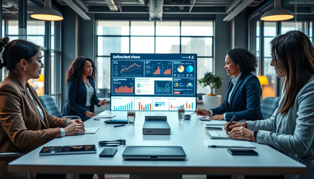 A modern office environment focused on lead generation for staffing websites. In the foreground, a diverse group of three professionals—two women and one man—are engaged in a brainstorming session. They are dressed in smart business attire, discussing strategies while surrounded by high-tech gadgets and digital tools on a sleek conference table. In the middle ground, a large screen displays analytics and client resources, showcasing data pertinent to staffing solutions. The background features a bright, airy office space with large windows letting natural light flood in, giving a feeling of openness and innovation. The mood is focused and collaborative, with warm, inviting lighting to enhance the professional atmosphere. The scene captures the dynamic nature of integrating client tools and resources in recruitment.