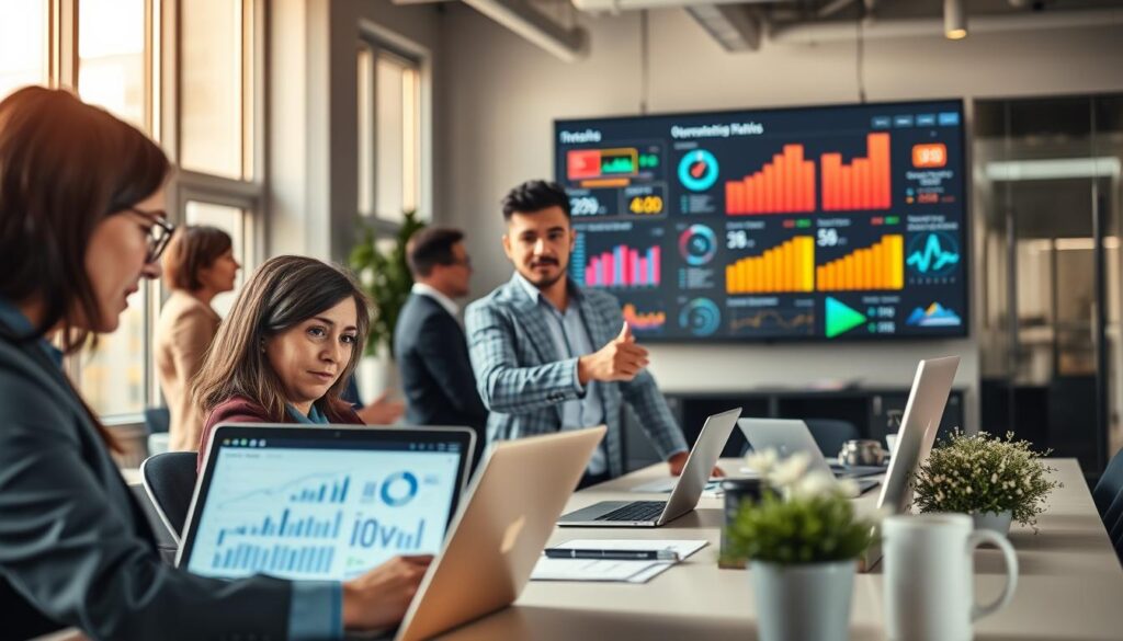 A modern office environment showcasing a diverse group of business professionals analyzing website performance metrics on digital devices. In the foreground, a focused middle-aged woman in professional attire examines a laptop screen filled with graphs and charts. In the middle, a younger man gestures towards a large wall-mounted monitor displaying colorful metrics and visually appealing data. The background features a bright, open office space with large windows, letting in warm, natural light. The atmosphere is collaborative and goal-oriented, emphasizing teamwork and engagement. Use a slightly elevated angle to capture the layout, with a shallow depth of field that draws attention to the professionals and their analytical work while softly blurring the background elements. A modern office environment showcasing a diverse group of business professionals analyzing website performance metrics on digital devices. In the foreground, a focused middle-aged woman in professional attire examines a laptop screen filled with graphs and charts. In the middle, a younger man gestures towards a large wall-mounted monitor displaying colorful metrics and visually appealing data. The background features a bright, open office space with large windows, letting in warm, natural light. The atmosphere is collaborative and goal-oriented, emphasizing teamwork and engagement. Use a slightly elevated angle to capture the layout, with a shallow depth of field that draws attention to the professionals and their analytical work while softly blurring the background elements.