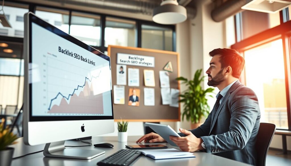 A modern office environment showcasing a mortgage broker's workspace, with a computer displaying a graph illustrating backlink growth, symbolizing search engine optimization. In the foreground, a professional-looking mortgage broker in business attire, focused on analyzing data, with a notepad and digital tablet nearby. In the middle ground, a bulletin board filled with relevant local SEO strategies and a few pinned articles about backlinks, highlighting their importance. The background features floor-to-ceiling windows, letting in warm, natural light, creating an optimistic and productive atmosphere. Use a wide-angle lens to capture the entire scene, adding depth and clarity to the image. The overall mood should convey professionalism and expertise in the mortgage industry. A modern office environment showcasing a mortgage broker's workspace, with a computer displaying a graph illustrating backlink growth, symbolizing search engine optimization. In the foreground, a professional-looking mortgage broker in business attire, focused on analyzing data, with a notepad and digital tablet nearby. In the middle ground, a bulletin board filled with relevant local SEO strategies and a few pinned articles about backlinks, highlighting their importance. The background features floor-to-ceiling windows, letting in warm, natural light, creating an optimistic and productive atmosphere. Use a wide-angle lens to capture the entire scene, adding depth and clarity to the image. The overall mood should convey professionalism and expertise in the mortgage industry.