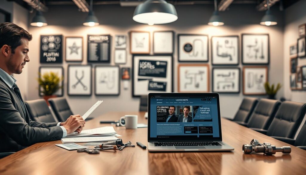 A modern office environment showcasing a stylish conference table with a laptop open, displaying a digital news platform focused on plumbing industry updates. In the foreground, a professional person in business attire reviews plumbing news on the laptop, with paperwork and a coffee mug beside them. In the middle, the table is adorned with plumbing-related brochures and tools, such as wrenches and pipe fittings, symbolizing industry topics. The background is filled with framed achievements and diagrams of plumbing systems, bathed in warm, inviting lighting from overhead fixtures. A soft focus creates a professional yet approachable atmosphere, ideal for sharing local updates and insights. A modern office environment showcasing a stylish conference table with a laptop open, displaying a digital news platform focused on plumbing industry updates. In the foreground, a professional person in business attire reviews plumbing news on the laptop, with paperwork and a coffee mug beside them. In the middle, the table is adorned with plumbing-related brochures and tools, such as wrenches and pipe fittings, symbolizing industry topics. The background is filled with framed achievements and diagrams of plumbing systems, bathed in warm, inviting lighting from overhead fixtures. A soft focus creates a professional yet approachable atmosphere, ideal for sharing local updates and insights.