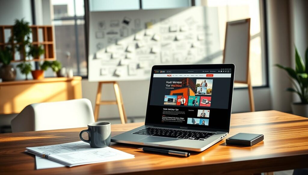 A modern office environment showcasing a well-organized workspace focused on website design tips for small businesses. In the foreground, a stylish wooden desk with a high-quality laptop displaying a colorful, user-friendly website layout. Next to it, a notepad filled with sketches and a coffee mug. In the middle ground, a large whiteboard filled with design ideas and sticky notes, emphasizing brainstorming and planning. The background features large windows letting in natural light, illuminating the space with a warm and inviting atmosphere. Soft shadows cast by the furniture create depth. The overall mood is professional yet creative, conveying a sense of productivity and innovation in web design. A modern office environment showcasing a well-organized workspace focused on website design tips for small businesses. In the foreground, a stylish wooden desk with a high-quality laptop displaying a colorful, user-friendly website layout. Next to it, a notepad filled with sketches and a coffee mug. In the middle ground, a large whiteboard filled with design ideas and sticky notes, emphasizing brainstorming and planning. The background features large windows letting in natural light, illuminating the space with a warm and inviting atmosphere. Soft shadows cast by the furniture create depth. The overall mood is professional yet creative, conveying a sense of productivity and innovation in web design.