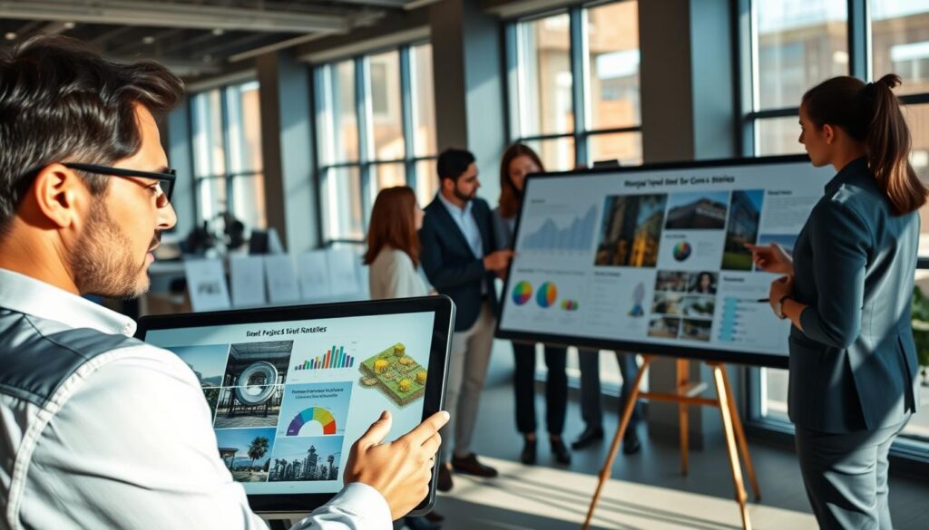 A modern office environment showcasing successful surveyor marketing strategies in action. In the foreground, a professional surveyor in business attire analyzes digital project galleries on a high-resolution touchscreen monitor, with an expression of focus and determination. In the middle, a diverse team of professionals discussing over a large presentation board filled with colorful charts and project images, highlighting case studies and client success stories. The background features a stylish office space with large windows allowing natural light to flood the room, creating a bright and collaborative atmosphere. Soft shadows enhance the scene's depth, and the overall mood conveys motivation and innovation in lead generation strategies for surveying services. A modern office environment showcasing successful surveyor marketing strategies in action. In the foreground, a professional surveyor in business attire analyzes digital project galleries on a high-resolution touchscreen monitor, with an expression of focus and determination. In the middle, a diverse team of professionals discussing over a large presentation board filled with colorful charts and project images, highlighting case studies and client success stories. The background features a stylish office space with large windows allowing natural light to flood the room, creating a bright and collaborative atmosphere. Soft shadows enhance the scene's depth, and the overall mood conveys motivation and innovation in lead generation strategies for surveying services.