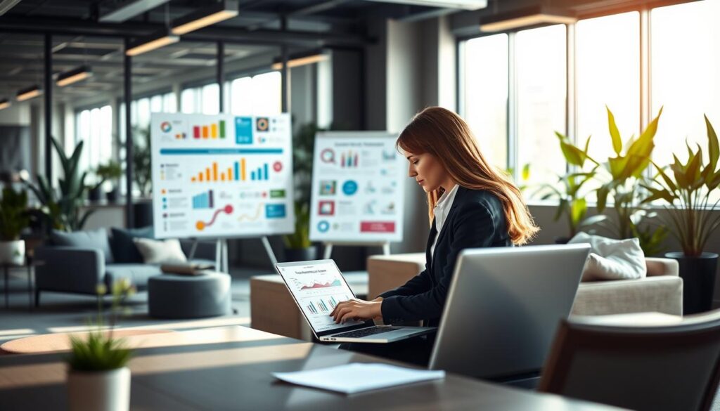 A modern office environment showcasing the concept of "Content Marketing to Boost Commercial Cleaning Online Visibility." In the foreground, a professional businesswoman in business attire is working on a laptop, analyzing SEO data with charts and graphs on the screen. The middle layer features colorful infographics related to content marketing strategies and cleaning services displayed on a whiteboard. The background includes a sleek office space with plush furniture, vibrant plants, and natural light streaming through large windows, creating an inviting atmosphere. The image should be well-lit, using soft, diffused lighting for a professional look, captured with a slight depth of field to keep the focus on the businesswoman and the infographics while the background remains softly blurred. A modern office environment showcasing the concept of "Content Marketing to Boost Commercial Cleaning Online Visibility." In the foreground, a professional businesswoman in business attire is working on a laptop, analyzing SEO data with charts and graphs on the screen. The middle layer features colorful infographics related to content marketing strategies and cleaning services displayed on a whiteboard. The background includes a sleek office space with plush furniture, vibrant plants, and natural light streaming through large windows, creating an inviting atmosphere. The image should be well-lit, using soft, diffused lighting for a professional look, captured with a slight depth of field to keep the focus on the businesswoman and the infographics while the background remains softly blurred.