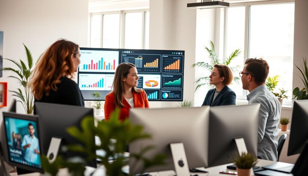 A modern office environment showcasing the concept of enhancing content management through a website redesign. In the foreground, a diverse group of three professionals—two women and one man—are engaged in a thoughtful discussion, surrounded by sleek computers displaying vibrant, user-friendly website layouts. The middle features a large digital screen displaying interactive graphs and charts that illustrate improved site metrics. In the background, bright windows let in natural light, highlighting a clean and organized workspace with plants for a fresh atmosphere. Utilize soft lighting to create a warm and inviting mood, with a focus on clarity and professionalism. Capture this scene from a slightly elevated angle to emphasize collaboration and innovation in web design. A modern office environment showcasing the concept of enhancing content management through a website redesign. In the foreground, a diverse group of three professionals—two women and one man—are engaged in a thoughtful discussion, surrounded by sleek computers displaying vibrant, user-friendly website layouts. The middle features a large digital screen displaying interactive graphs and charts that illustrate improved site metrics. In the background, bright windows let in natural light, highlighting a clean and organized workspace with plants for a fresh atmosphere. Utilize soft lighting to create a warm and inviting mood, with a focus on clarity and professionalism. Capture this scene from a slightly elevated angle to emphasize collaboration and innovation in web design.