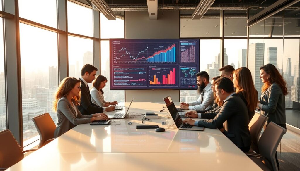 A modern office environment showcasing the concept of scaling production with machine learning content generation. In the foreground, a diverse team of professionals in business attire collaborates around a sleek conference table, analyzing data on laptops and tablets. The middle layer features a large screen displaying dynamic visualizations of machine learning algorithms and content metrics, while glowing graphs and charts illustrate growth trends. In the background, large windows provide a panoramic view of a bustling cityscape, bathed in warm, natural sunlight. The atmosphere is energetic and inspiring, emphasizing innovation and teamwork. Shot with a wide-angle lens, the image captures the collaborative spirit and technological advancement inherent in AI-driven content workflows, with bright, balanced lighting enhancing focus on the participants. A modern office environment showcasing the concept of scaling production with machine learning content generation. In the foreground, a diverse team of professionals in business attire collaborates around a sleek conference table, analyzing data on laptops and tablets. The middle layer features a large screen displaying dynamic visualizations of machine learning algorithms and content metrics, while glowing graphs and charts illustrate growth trends. In the background, large windows provide a panoramic view of a bustling cityscape, bathed in warm, natural sunlight. The atmosphere is energetic and inspiring, emphasizing innovation and teamwork. Shot with a wide-angle lens, the image captures the collaborative spirit and technological advancement inherent in AI-driven content workflows, with bright, balanced lighting enhancing focus on the participants.