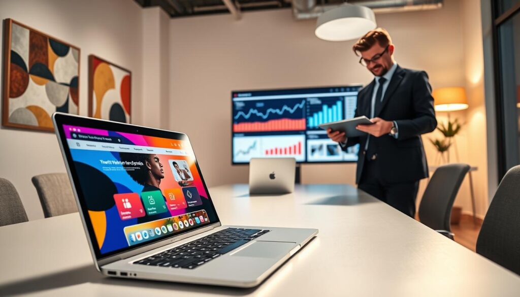 A modern office environment showcasing the concept of website value through design and user experience. In the foreground, a sleek laptop displays an engaging website interface with vibrant colors and intuitive navigation. To the side, a professional person, dressed in business attire, is analyzing the website on a tablet, highlighting the importance of user engagement. In the middle ground, a large screen features graphs and data related to website analytics, symbolizing investment returns. The background displays a contemporary workspace with abstract art and soft lighting, creating a happy and productive atmosphere. Use bright, natural light to enhance the professional feel, capturing the essence of a successful digital presence. The angle should be slightly tilted from above, offering a comprehensive view of the workspace and emphasizing the interaction with digital tools. A modern office environment showcasing the concept of website value through design and user experience. In the foreground, a sleek laptop displays an engaging website interface with vibrant colors and intuitive navigation. To the side, a professional person, dressed in business attire, is analyzing the website on a tablet, highlighting the importance of user engagement. In the middle ground, a large screen features graphs and data related to website analytics, symbolizing investment returns. The background displays a contemporary workspace with abstract art and soft lighting, creating a happy and productive atmosphere. Use bright, natural light to enhance the professional feel, capturing the essence of a successful digital presence. The angle should be slightly tilted from above, offering a comprehensive view of the workspace and emphasizing the interaction with digital tools.