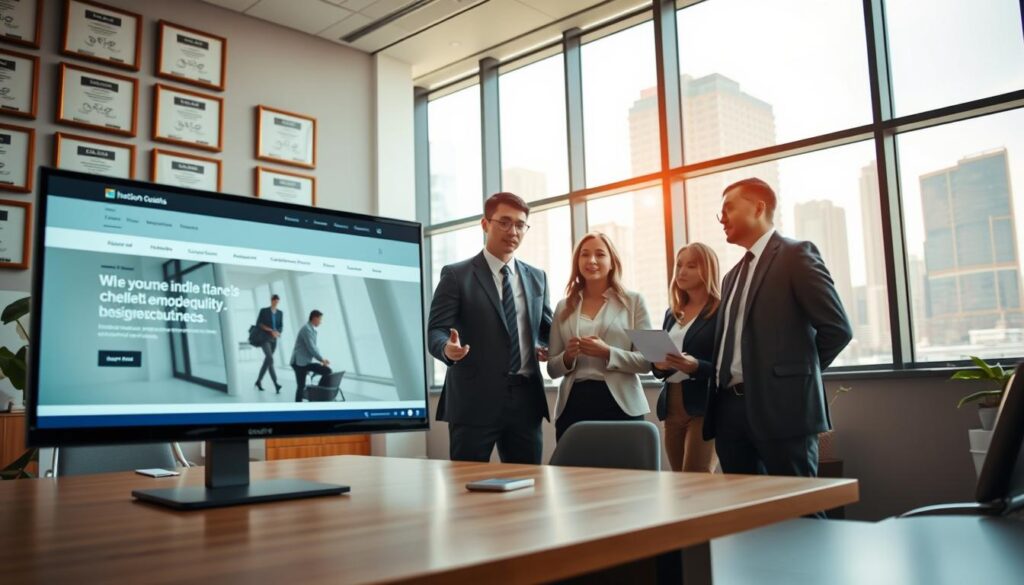 A modern office environment showcasing the impact of design quality on business, featuring a sleek website displayed on a large screen in the foreground. In the middle ground, a diverse group of professionals in business attire discusses design concepts, with a focused atmosphere. The background includes framed awards for design excellence, and a large window revealing a vibrant city skyline, symbolizing growth. Soft, natural lighting floods the room, creating a warm and inviting ambiance. The camera angle is slightly low, emphasizing the importance of design while maintaining a sense of professionalism and collaboration. The overall mood conveys innovation, success, and the transformative power of quality design in the business world. A modern office environment showcasing the impact of design quality on business, featuring a sleek website displayed on a large screen in the foreground. In the middle ground, a diverse group of professionals in business attire discusses design concepts, with a focused atmosphere. The background includes framed awards for design excellence, and a large window revealing a vibrant city skyline, symbolizing growth. Soft, natural lighting floods the room, creating a warm and inviting ambiance. The camera angle is slightly low, emphasizing the importance of design while maintaining a sense of professionalism and collaboration. The overall mood conveys innovation, success, and the transformative power of quality design in the business world.
