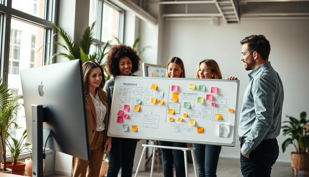 A modern office environment with a diverse team of professionals collaborating on a website redesign strategy. In the foreground, a group of three designers, two women and one man, dressed in smart casual attire, examines a large digital mockup displayed on a sleek monitor. In the middle, a whiteboard filled with colorful sticky notes and diagrams illustrating user experience concepts like user flows and wireframes. The background shows a bright, airy space with large windows letting in natural light, and plants that add a touch of greenery. The atmosphere is dynamic and creative, emphasizing teamwork and innovation in design. The lighting is warm and inviting, with soft shadows creating depth. A wide-angle view captures the essence of collaboration and the bustling energy of the redesign process. A modern office environment with a diverse team of professionals collaborating on a website redesign strategy. In the foreground, a group of three designers, two women and one man, dressed in smart casual attire, examines a large digital mockup displayed on a sleek monitor. In the middle, a whiteboard filled with colorful sticky notes and diagrams illustrating user experience concepts like user flows and wireframes. The background shows a bright, airy space with large windows letting in natural light, and plants that add a touch of greenery. The atmosphere is dynamic and creative, emphasizing teamwork and innovation in design. The lighting is warm and inviting, with soft shadows creating depth. A wide-angle view captures the essence of collaboration and the bustling energy of the redesign process.