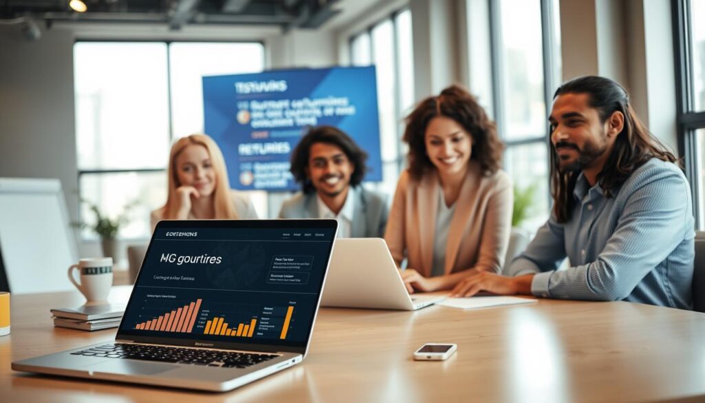 A modern office environment with a professional atmosphere, featuring a diverse group of three businesspeople engaged in discussion around a large table. In the foreground, a laptop displays a website with an increasing number of enquiries, symbolized by visual graphs or charts. In the middle ground, a large screen shows glowing testimonials and customer reviews, reflecting social proof. The background includes large windows with natural light pouring in, creating an inviting and productive ambiance. The overall mood is optimistic and collaborative, conveying trust and credibility. Use soft lighting to enhance the environment, with a focus on clear, professional attire for the individuals present, positioned at eye level to capture their engagement and professionalism. A modern office environment with a professional atmosphere, featuring a diverse group of three businesspeople engaged in discussion around a large table. In the foreground, a laptop displays a website with an increasing number of enquiries, symbolized by visual graphs or charts. In the middle ground, a large screen shows glowing testimonials and customer reviews, reflecting social proof. The background includes large windows with natural light pouring in, creating an inviting and productive ambiance. The overall mood is optimistic and collaborative, conveying trust and credibility. Use soft lighting to enhance the environment, with a focus on clear, professional attire for the individuals present, positioned at eye level to capture their engagement and professionalism.