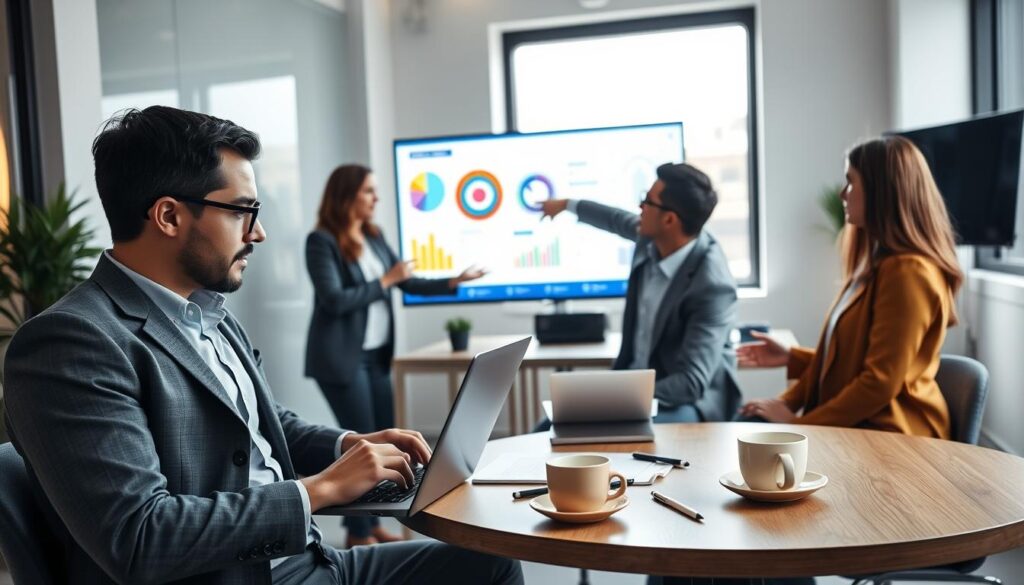A modern office setting featuring a diverse group of professionals collaborating on SEO strategies. In the foreground, a focused consultant, dressed in business attire, analyzes data on a laptop, while another consultant points at a colorful digital presentation displayed on a large screen. The middle ground showcases a round table with notepads, pens, and a coffee cup, symbolizing teamwork. In the background, a large window allows natural light to filter in, creating a bright and inviting atmosphere. The overall mood is one of productivity and innovation, emphasizing the importance of choosing the right AI writing tool for effective SEO strategies. Use a slightly angled perspective to capture depth in the workspace. A modern office setting featuring a diverse group of professionals collaborating on SEO strategies. In the foreground, a focused consultant, dressed in business attire, analyzes data on a laptop, while another consultant points at a colorful digital presentation displayed on a large screen. The middle ground showcases a round table with notepads, pens, and a coffee cup, symbolizing teamwork. In the background, a large window allows natural light to filter in, creating a bright and inviting atmosphere. The overall mood is one of productivity and innovation, emphasizing the importance of choosing the right AI writing tool for effective SEO strategies. Use a slightly angled perspective to capture depth in the workspace.