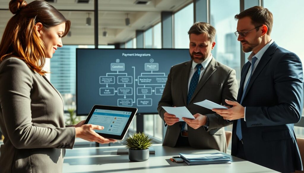 A modern office setting featuring a professional business team discussing payment integration solutions for a demolition company. In the foreground, a smartly dressed woman gestures towards a tablet displaying payment options, while a man in a suit takes notes. In the middle, a large screen shows a digital flowchart illustrating integration processes with clear icons for various payment methods. The background contains large windows with a cityscape view, allowing daylight to illuminate the space, enhancing the atmosphere of productivity and innovation. Use a slight tilt-shift lens effect to create depth, making the team appear engaged and focused in their work. The mood is collaborative and forward-thinking, emphasizing a tech-savvy approach to business solutions. A modern office setting featuring a professional business team discussing payment integration solutions for a demolition company. In the foreground, a smartly dressed woman gestures towards a tablet displaying payment options, while a man in a suit takes notes. In the middle, a large screen shows a digital flowchart illustrating integration processes with clear icons for various payment methods. The background contains large windows with a cityscape view, allowing daylight to illuminate the space, enhancing the atmosphere of productivity and innovation. Use a slight tilt-shift lens effect to create depth, making the team appear engaged and focused in their work. The mood is collaborative and forward-thinking, emphasizing a tech-savvy approach to business solutions.