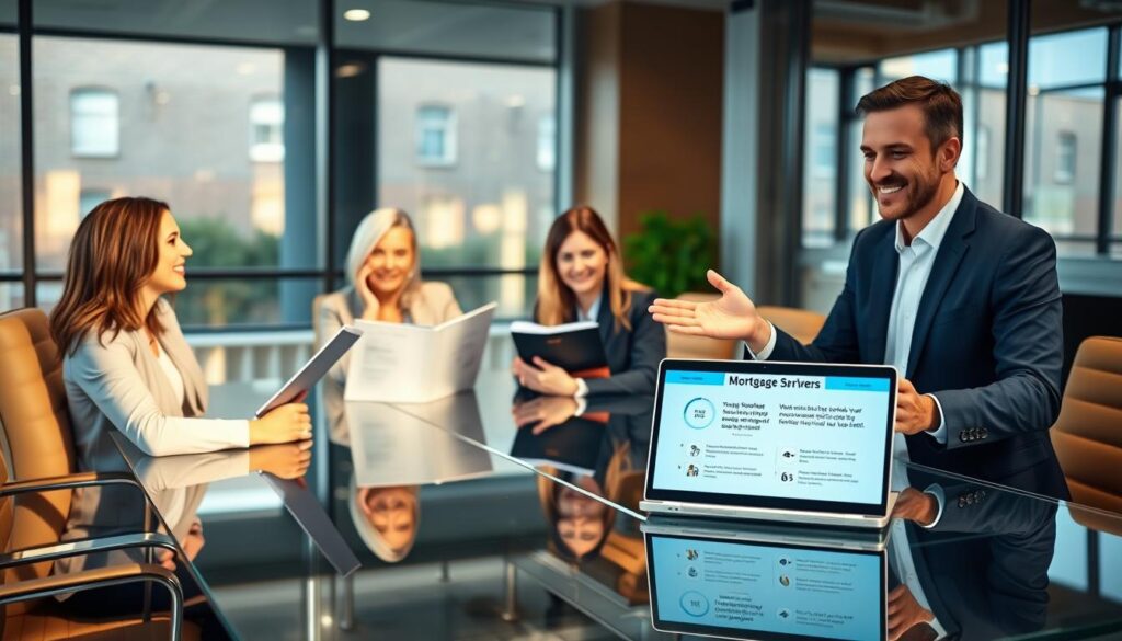A modern office setting featuring a professional mortgage broker meeting with clients around a sleek glass conference table. In the foreground, showcase a well-dressed broker, inviting and confident, presenting a visually appealing digital presentation on a laptop, highlighting testimonials and statistics about mortgage services. The middle ground features smiling clients, reflecting trust and satisfaction, reviewing marketing materials that emphasize social proof, such as positive reviews and success stories. In the background, large windows let in warm, natural light, creating a welcoming atmosphere. The overall mood is one of collaboration and professionalism, enhanced by a shallow depth of field that softly blurs the background, focusing attention on the interaction at hand.