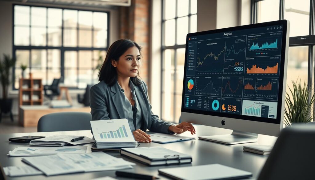 A modern office setting focused on a large computer screen displaying detailed analytics and conversion metrics. In the foreground, a professional woman in smart business attire is analyzing data, her expression thoughtful and engaged. The middle ground features a sleek desk cluttered with graphs, charts, and notepads, conveying an active work environment. In the background, soft natural light filters through large windows, illuminating the office space and creating a warm, inviting atmosphere. The camera angle is slightly above eye level, providing a unique view of the data on the screen while capturing the full context of the workspace. The overall mood is focused and productive, emphasizing the importance of tracking and analyzing user behavior for conversion auditing. A modern office setting focused on a large computer screen displaying detailed analytics and conversion metrics. In the foreground, a professional woman in smart business attire is analyzing data, her expression thoughtful and engaged. The middle ground features a sleek desk cluttered with graphs, charts, and notepads, conveying an active work environment. In the background, soft natural light filters through large windows, illuminating the office space and creating a warm, inviting atmosphere. The camera angle is slightly above eye level, providing a unique view of the data on the screen while capturing the full context of the workspace. The overall mood is focused and productive, emphasizing the importance of tracking and analyzing user behavior for conversion auditing.