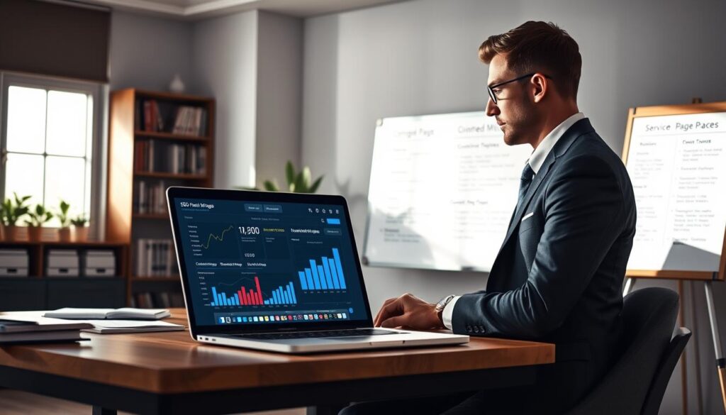 A modern office setting, focused on an illuminated desk with a laptop open, displaying an SEO dashboard filled with graphs and analytics related to service pages. In the foreground, a hard-working professional in business attire analyzes the data, looking thoughtful and engaged. The middle ground features a whiteboard with diagrams highlighting common mistakes in service page design, such as cluttered layouts and unclear calls to action. In the background, there are shelves filled with books on digital marketing and SEO. Soft, natural lighting streams in from a nearby window, casting light on a green desk plant, creating a serene, focused atmosphere that emphasizes professionalism and the importance of effective service page design. A modern office setting, focused on an illuminated desk with a laptop open, displaying an SEO dashboard filled with graphs and analytics related to service pages. In the foreground, a hard-working professional in business attire analyzes the data, looking thoughtful and engaged. The middle ground features a whiteboard with diagrams highlighting common mistakes in service page design, such as cluttered layouts and unclear calls to action. In the background, there are shelves filled with books on digital marketing and SEO. Soft, natural lighting streams in from a nearby window, casting light on a green desk plant, creating a serene, focused atmosphere that emphasizes professionalism and the importance of effective service page design.
