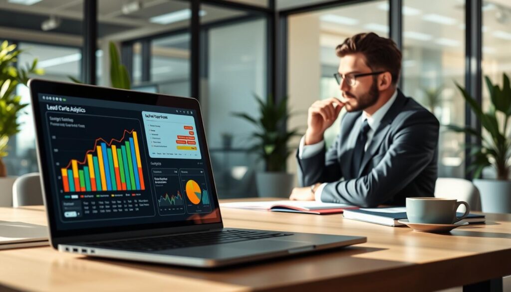 A modern office setting focused on digital analytics, foreground featuring a sleek laptop displaying vibrant graphs and charts related to lead capture form performance. In the middle ground, a professional individual in smart business attire intently observing the data on the screen, with a contemplative expression, positioned at a stylish desk adorned with notepads and a coffee cup. The background showcases a bright, well-lit office space with glass walls and greenery for a calming atmosphere. The scene is enhanced by natural light streaming in, casting soft shadows, and a slight depth of field effect to focus on the laptop and analytics. The mood feels analytical and forward-thinking, highlighting the importance of data in refining website lead capture strategies. A modern office setting focused on digital analytics, foreground featuring a sleek laptop displaying vibrant graphs and charts related to lead capture form performance. In the middle ground, a professional individual in smart business attire intently observing the data on the screen, with a contemplative expression, positioned at a stylish desk adorned with notepads and a coffee cup. The background showcases a bright, well-lit office space with glass walls and greenery for a calming atmosphere. The scene is enhanced by natural light streaming in, casting soft shadows, and a slight depth of field effect to focus on the laptop and analytics. The mood feels analytical and forward-thinking, highlighting the importance of data in refining website lead capture strategies.