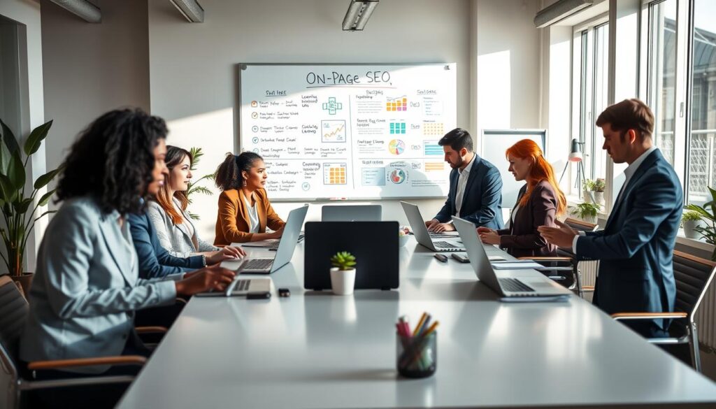 A modern office setting focused on local search engine optimization for a commercial cleaning company. In the foreground, a diverse group of professionals, dressed in smart business attire, collaborate around a sleek conference table, analyzing data on laptops and digital tablets. The middle ground features a large whiteboard filled with colorful diagrams and checklists, emphasizing on-page SEO practices like keyword optimization and metadata. In the background, bright windows let in natural light, highlighting a clean, organized workspace with houseplants and cleaning supplies subtly arranged. The atmosphere is focused and productive, conveying a sense of innovation and teamwork in the digital marketing world. Soft shadows and warm lighting enhance the professional mood. A modern office setting focused on local search engine optimization for a commercial cleaning company. In the foreground, a diverse group of professionals, dressed in smart business attire, collaborate around a sleek conference table, analyzing data on laptops and digital tablets. The middle ground features a large whiteboard filled with colorful diagrams and checklists, emphasizing on-page SEO practices like keyword optimization and metadata. In the background, bright windows let in natural light, highlighting a clean, organized workspace with houseplants and cleaning supplies subtly arranged. The atmosphere is focused and productive, conveying a sense of innovation and teamwork in the digital marketing world. Soft shadows and warm lighting enhance the professional mood.