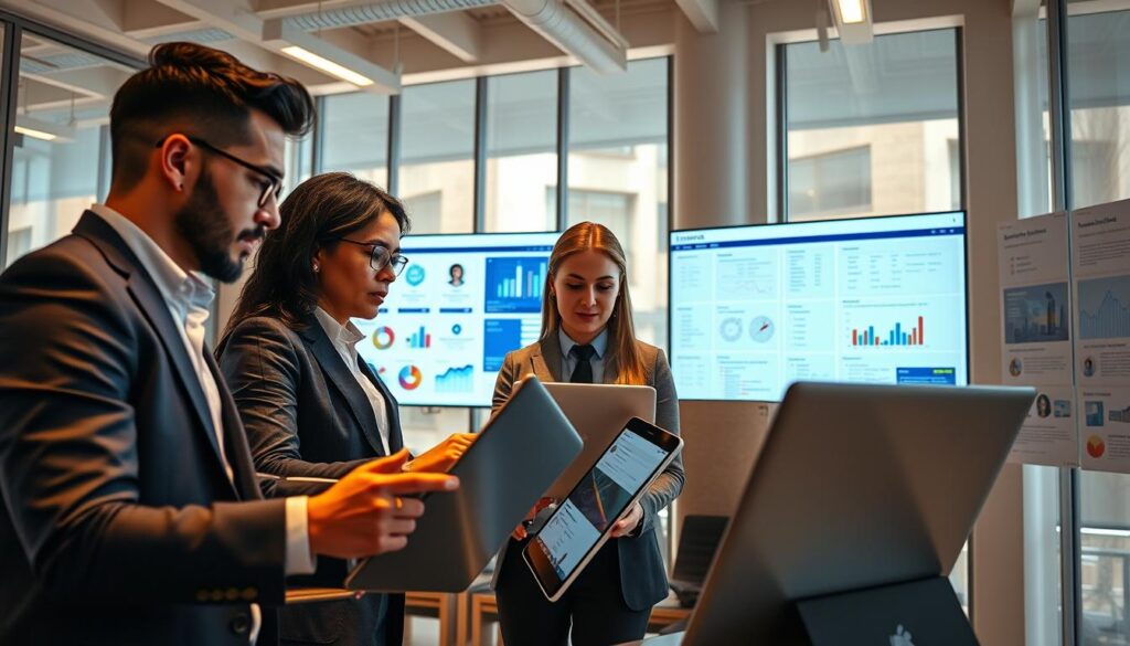 A modern office setting focused on website conversion audit analysis. In the foreground, a diverse group of three professionals, two men and one woman, dressed in smart business attire, are intensely reviewing data on sleek laptops and digital tablets. The middle ground showcases large screens displaying user flow diagrams, heat maps, and UX analytics. The background features a bright, airy office with large windows allowing natural light to pour in, illuminating graphs and infographics pinned on the walls. Use warm, inviting lighting to create an atmosphere of collaboration and focus. The angle is slightly elevated, capturing the team's engagement and the vibrant, tech-savvy environment, evoking a sense of innovation and diligence in improving user experience. A modern office setting focused on website conversion audit analysis. In the foreground, a diverse group of three professionals, two men and one woman, dressed in smart business attire, are intensely reviewing data on sleek laptops and digital tablets. The middle ground showcases large screens displaying user flow diagrams, heat maps, and UX analytics. The background features a bright, airy office with large windows allowing natural light to pour in, illuminating graphs and infographics pinned on the walls. Use warm, inviting lighting to create an atmosphere of collaboration and focus. The angle is slightly elevated, capturing the team's engagement and the vibrant, tech-savvy environment, evoking a sense of innovation and diligence in improving user experience.