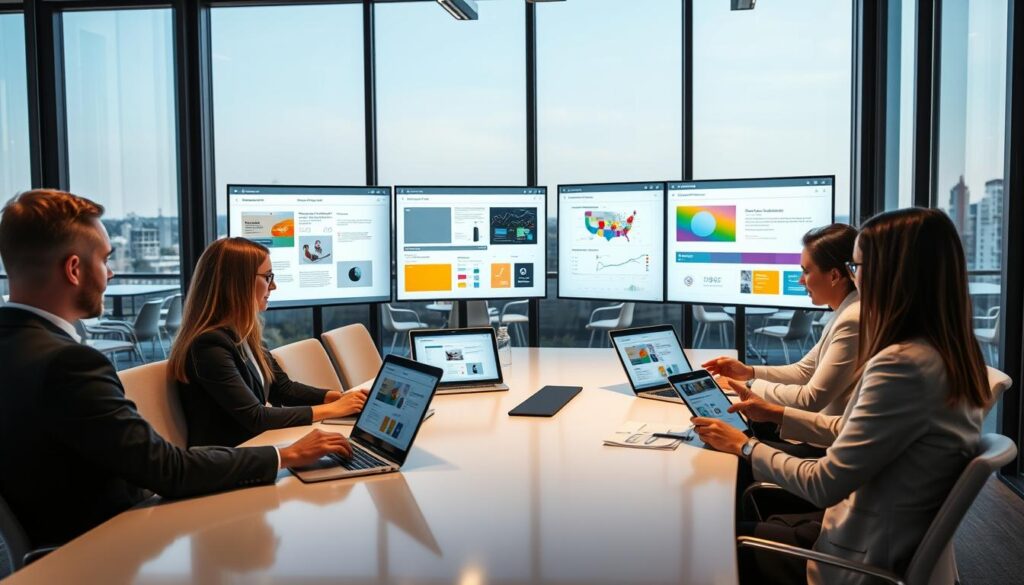 A modern office setting in Caroline Springs, showcasing a team of professionals discussing website design projects. In the foreground, a diverse group of three people in smart business attire is gathered around a sleek conference table, reviewing design mockups on laptops and tablets. The middle ground features large monitors displaying website design layouts, color palettes, and analytics, with digital tools like wireframes and prototypes visible. The background showcases large windows with a view of Caroline Springs, allowing natural light to flood the room, creating a bright and collaborative atmosphere. The lighting is warm and inviting, enhancing the sense of creativity and focus in the environment. The overall mood conveys professionalism and innovation, capturing the essence of cost factors in website design. A modern office setting in Caroline Springs, showcasing a team of professionals discussing website design projects. In the foreground, a diverse group of three people in smart business attire is gathered around a sleek conference table, reviewing design mockups on laptops and tablets. The middle ground features large monitors displaying website design layouts, color palettes, and analytics, with digital tools like wireframes and prototypes visible. The background showcases large windows with a view of Caroline Springs, allowing natural light to flood the room, creating a bright and collaborative atmosphere. The lighting is warm and inviting, enhancing the sense of creativity and focus in the environment. The overall mood conveys professionalism and innovation, capturing the essence of cost factors in website design.